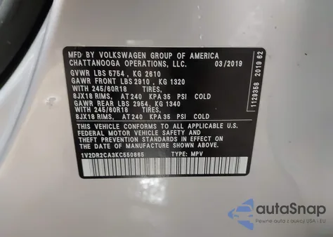 2019 Volkswagen Atlas 3.6L V6 Se from USA, damaged, VIN 1V2DR2CA3KC550865